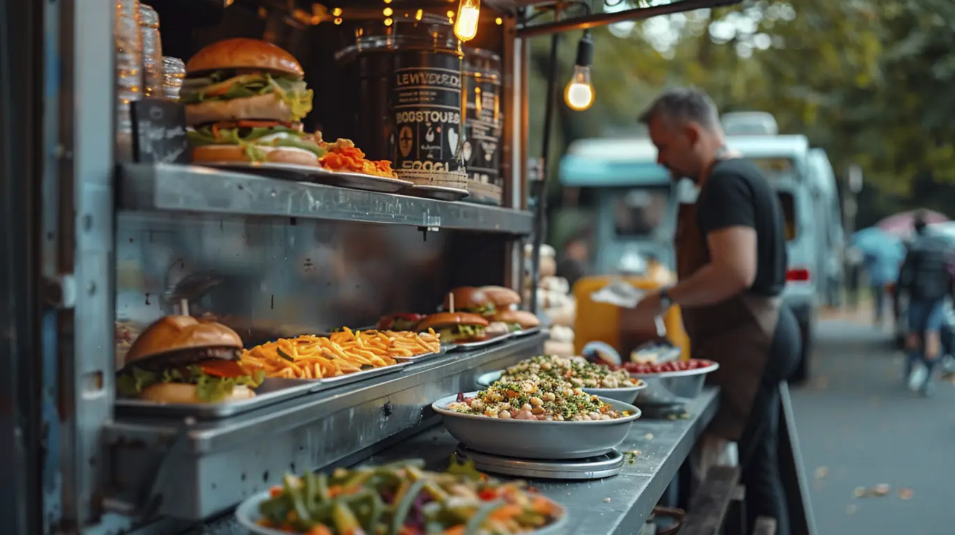 Comptoir de food truck avec hamburgers, frites et salades à Hornstulls Marknad