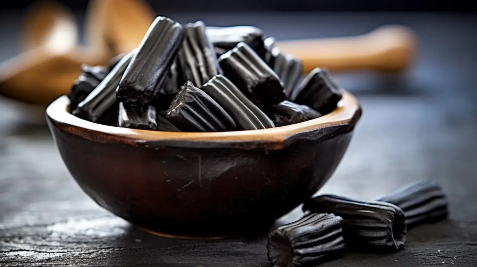 Ciotola di pezzi di liquirizia nera su un tavolo scuro