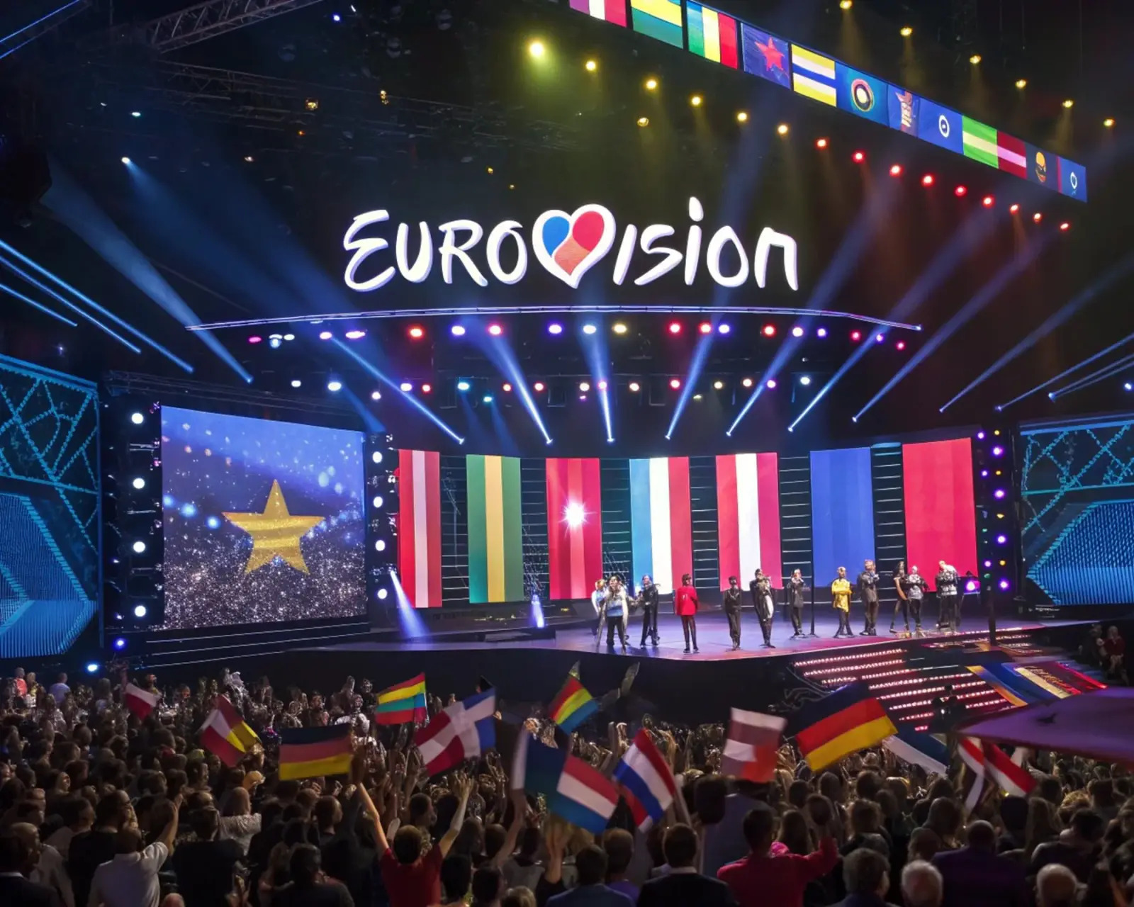 Palco Eurovision con artisti, bandiere e pubblico dal vivo